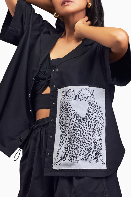 Black Oversized Cuban Collared Shirt Co-ord Set With Patchwork Detailing