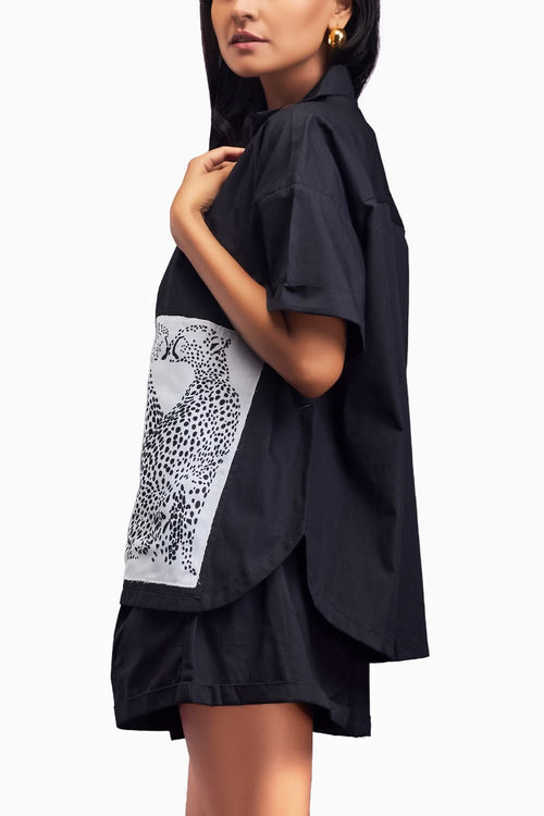 Black Oversized Cuban Collared Shirt Co-ord Set With Patchwork Detailing