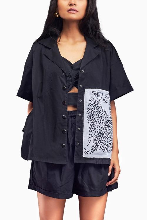 Black Oversized Cuban Collared Shirt Co-ord Set With Patchwork Detailing