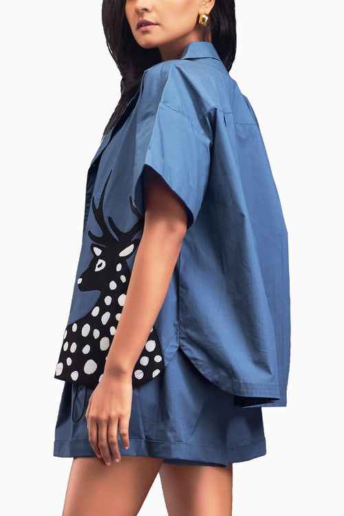 Blue Oversized Cuban Collared Shirt Co-ord Set With Patchwork Detailing