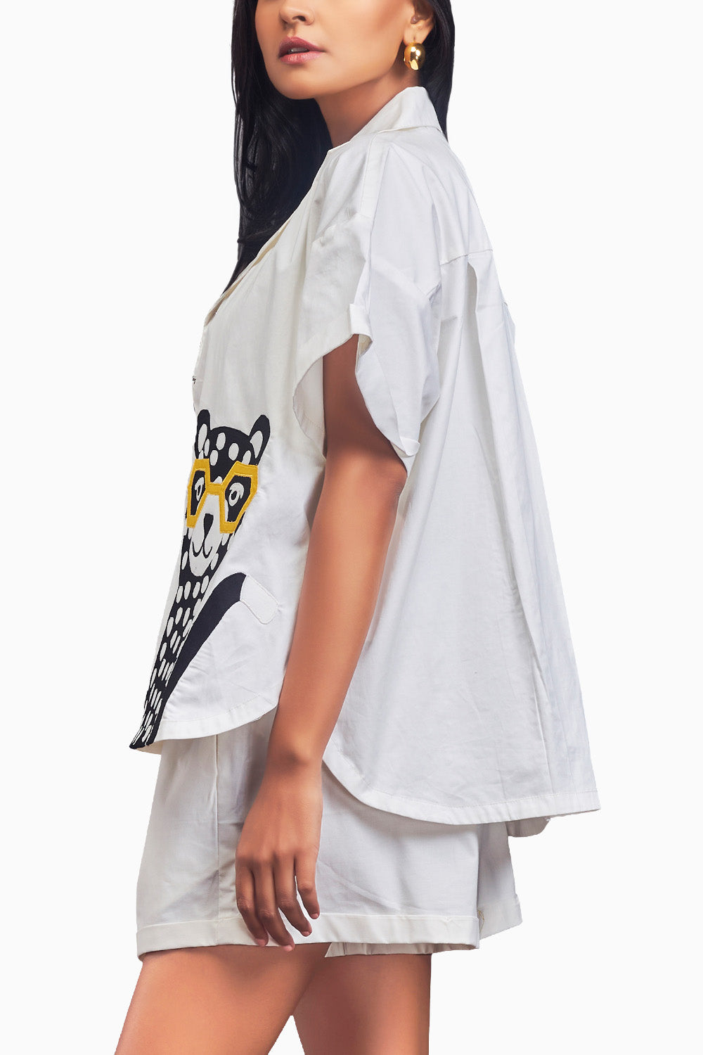 White Oversized Cuban Collared Shirt Co-Ord Set With Patchwork Detailing