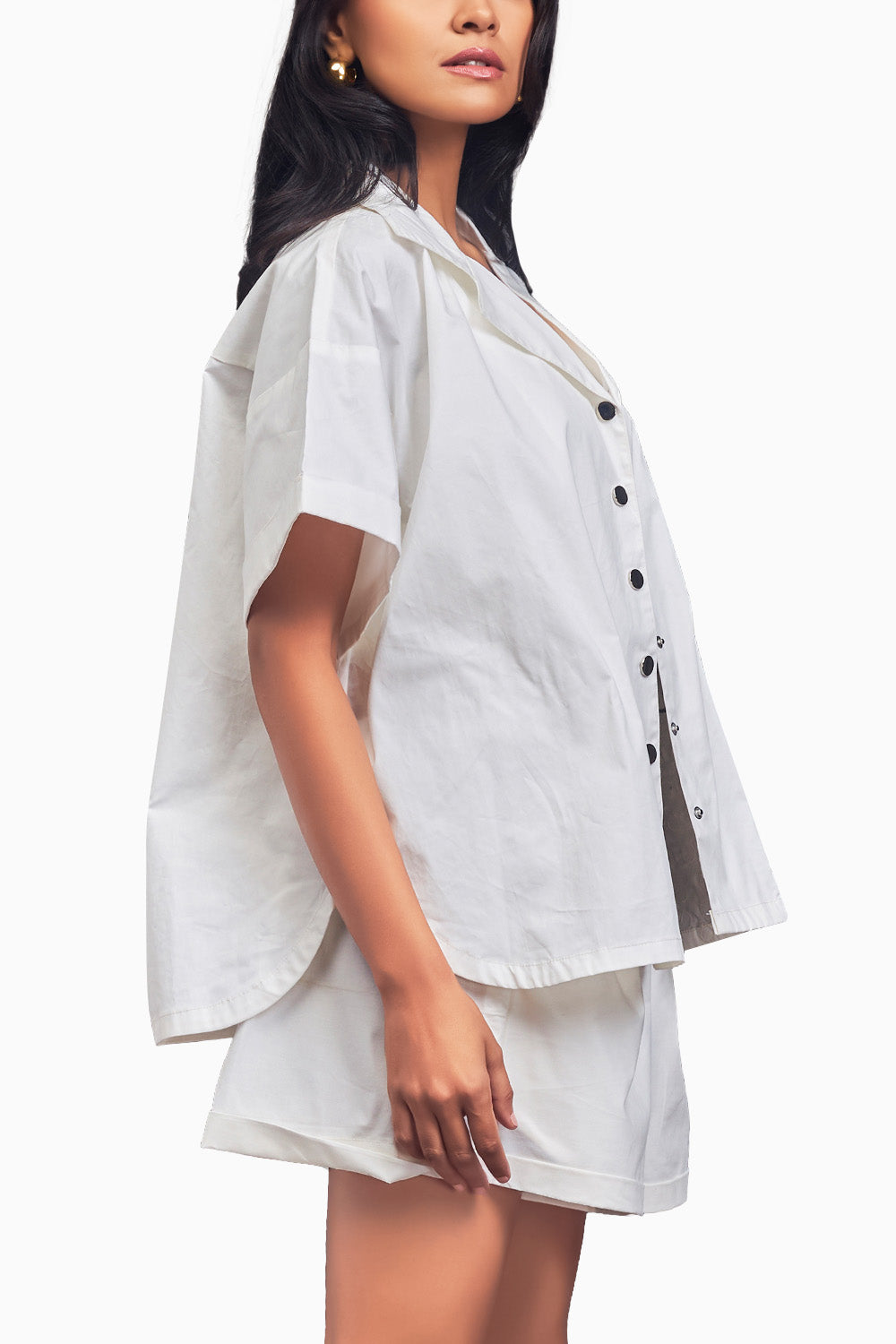 White Oversized Cuban Collared Shirt Co-Ord Set With Patchwork Detailing