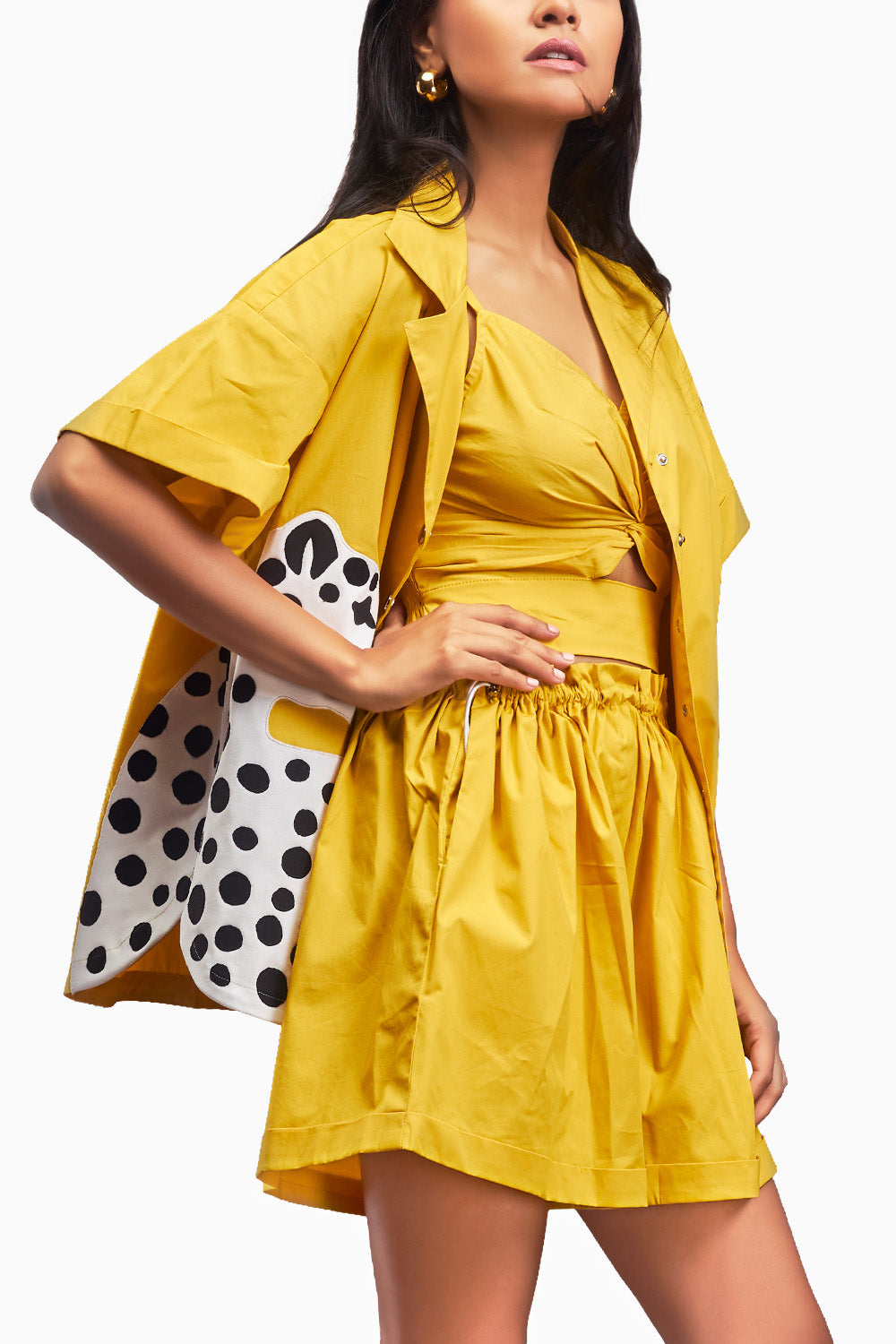 Yellow Oversized Cuban Collared Shirt Co-Ord Set With Patchwork Detailing