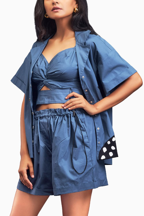 Blue Oversized Cuban Collared Shirt Co-ord Set With Patchwork Detailing