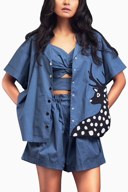 Blue Oversized Cuban Collared Shirt Co-ord Set With Patchwork Detailing
