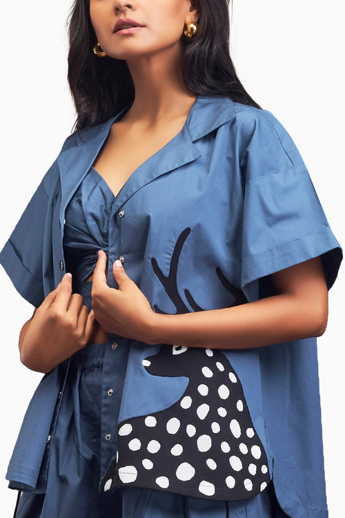 Blue Oversized Cuban Collared Shirt Co-ord Set With Patchwork Detailing