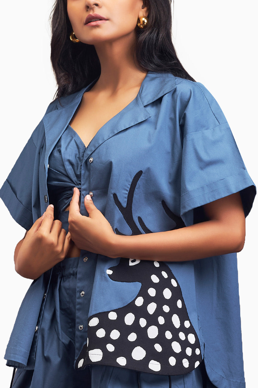 Blue Oversized Cuban Collared Shirt Co-Ord Set With Patchwork Detailing