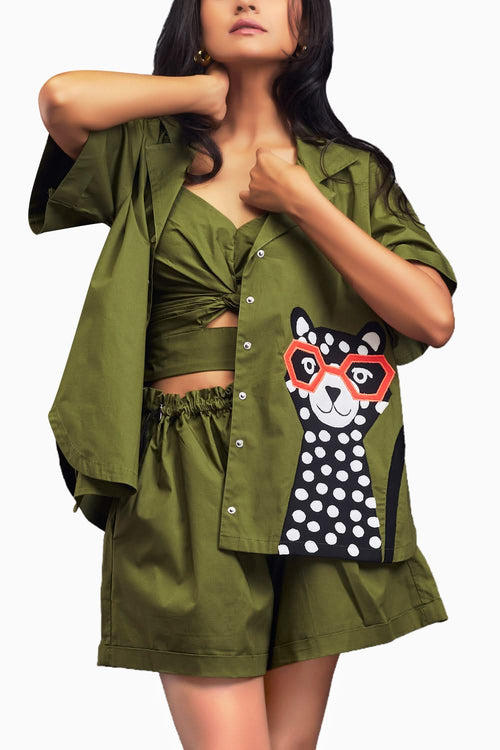 Green Oversized Cuban Collared Shirt Co-ord Set With Patchwork Detailing