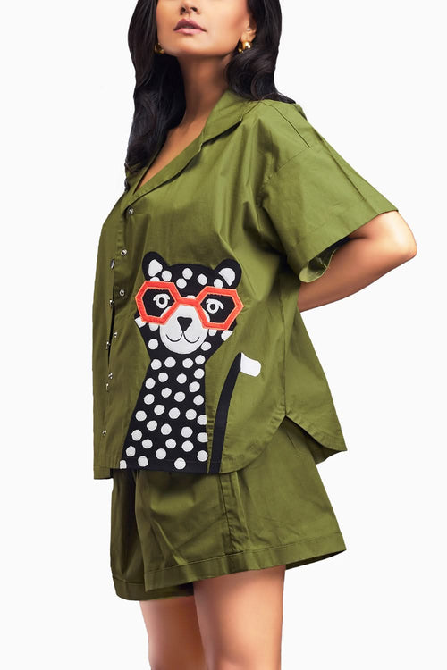 Green Oversized Cuban Collared Shirt Co-ord Set With Patchwork Detailing