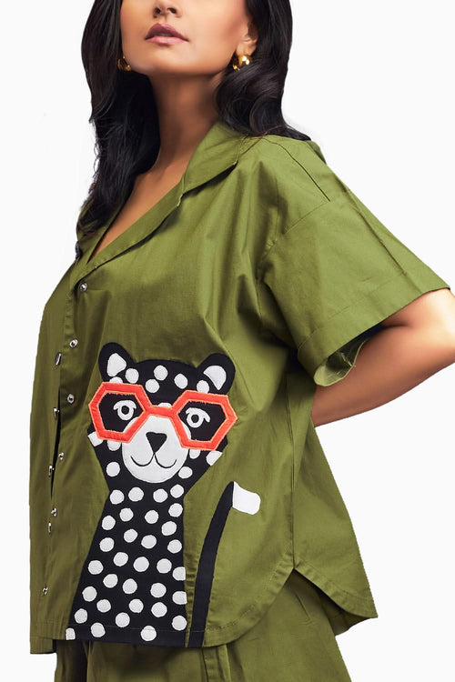 Green Oversized Cuban Collared Shirt Co-ord Set With Patchwork Detailing