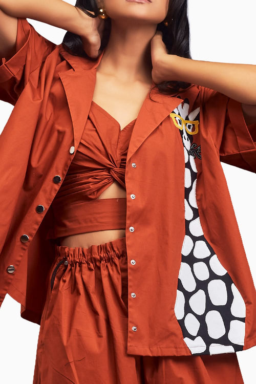 Rust Oversized Cuban Collared Shirt Co-ord Set With Patchwork Detailing