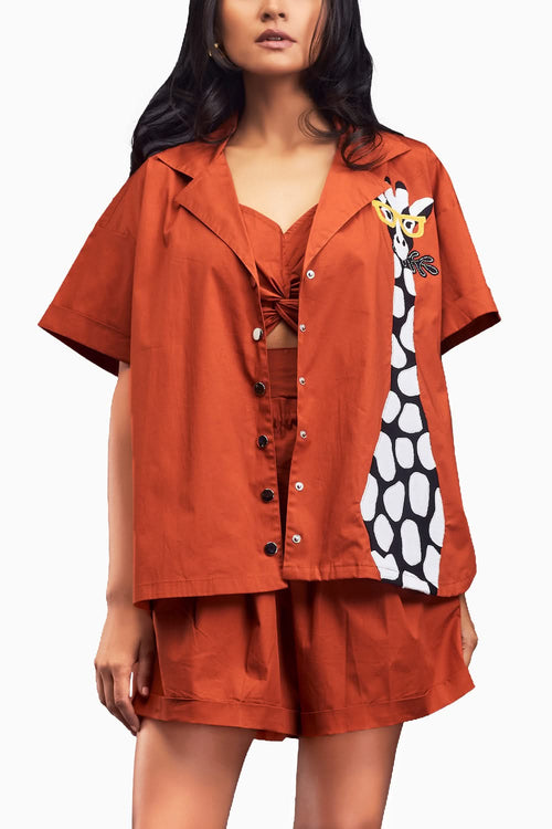 Rust Oversized Cuban Collared Shirt Co-ord Set With Patchwork Detailing