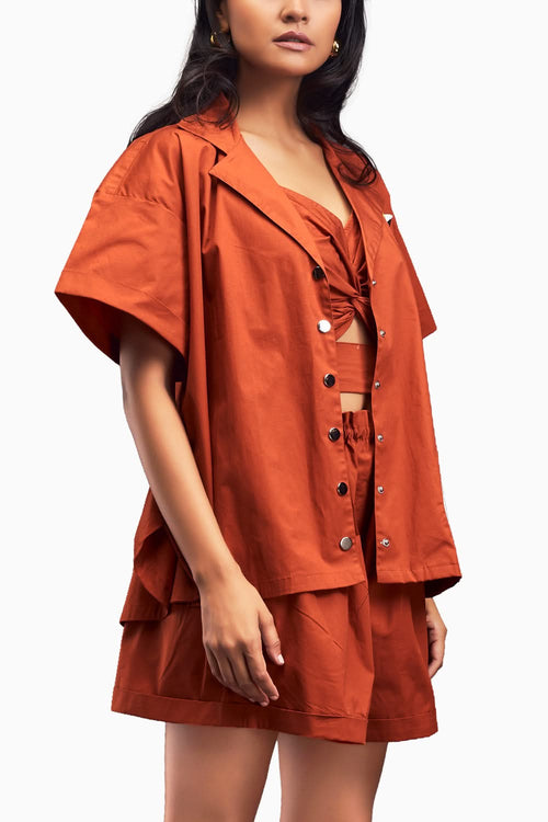 Rust Oversized Cuban Collared Shirt Co-ord Set With Patchwork Detailing