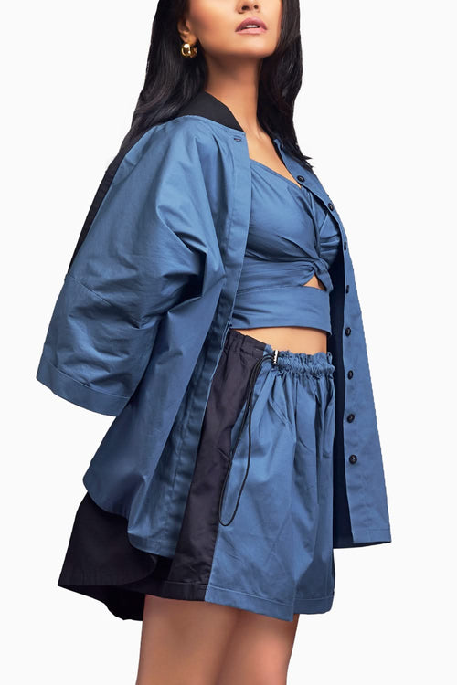 Blue & Black Oversized Co-ord Set With Patchwork Detailing