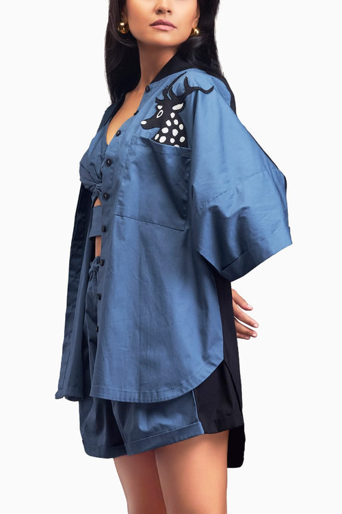 Blue & Black Oversized Co-ord Set With Patchwork Detailing