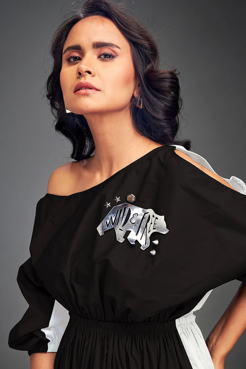 Black Colorblock Off-Shoulder Dress