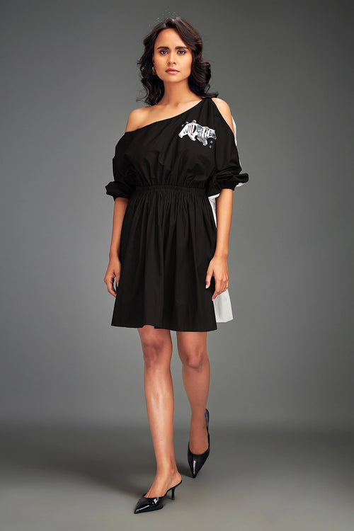 Black Colorblock Off-Shoulder Dress