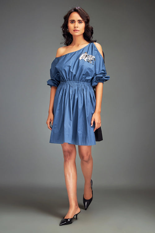 Blue Colorblock Off-Shoulder Dress