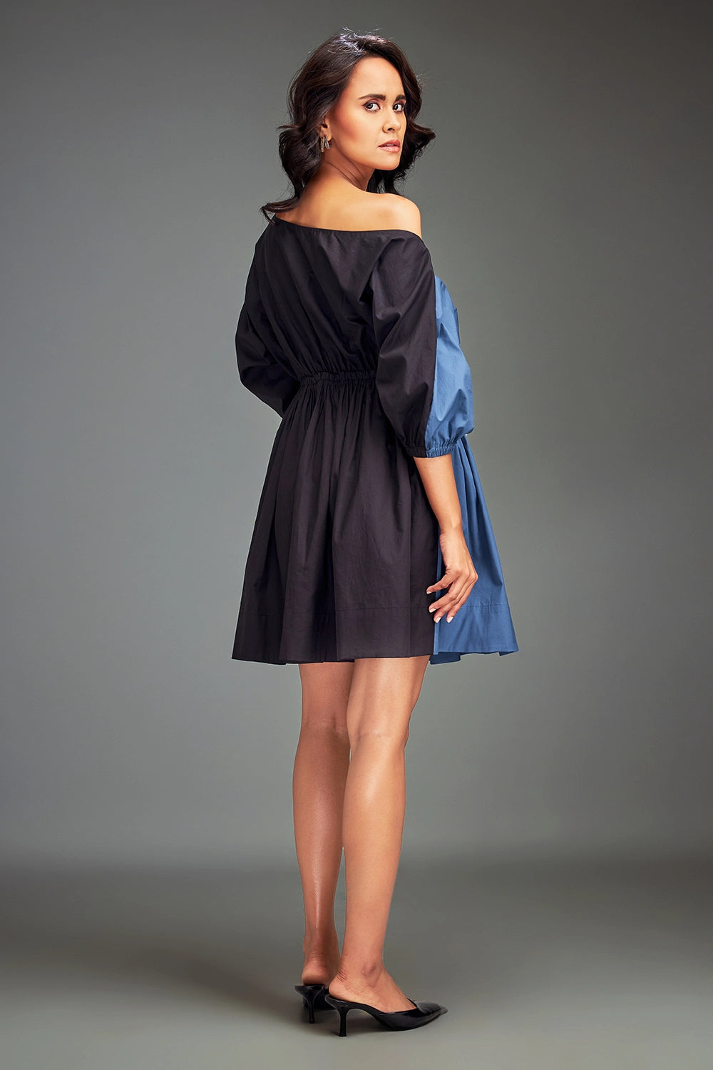 Blue Colorblock Off-Shoulder Dress
