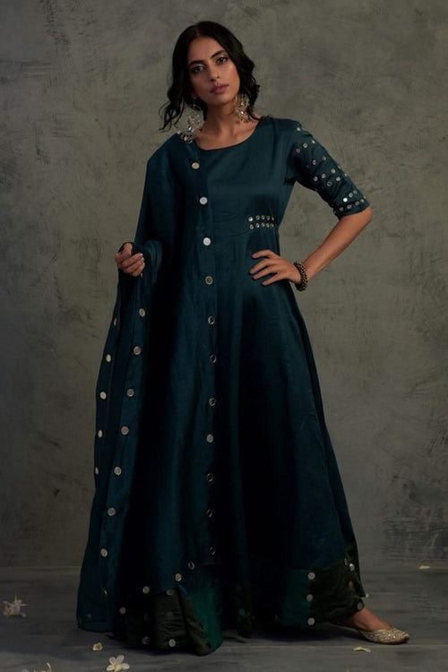 Teal Blue Chanderi Anarkali Set