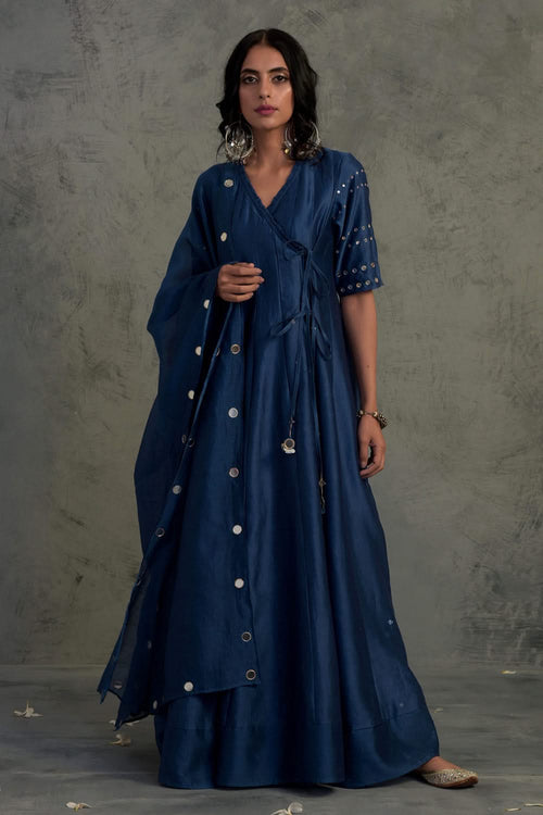 Sapphire Blue Chanderi Angrakha Wrap With Jogger