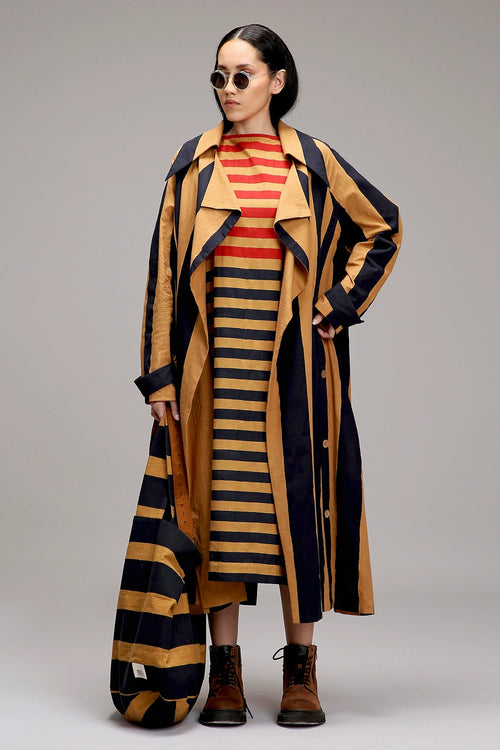 Tan-Brown Red And Blue Dual Stripe Dress Jacket Set