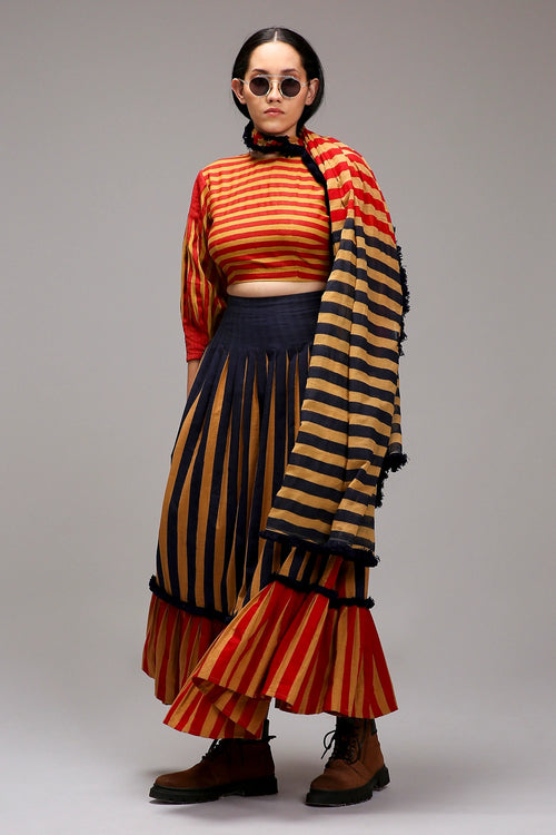 Tan-Brown Crop Top Dual Striped Stole Skirt Set (3 PCS)