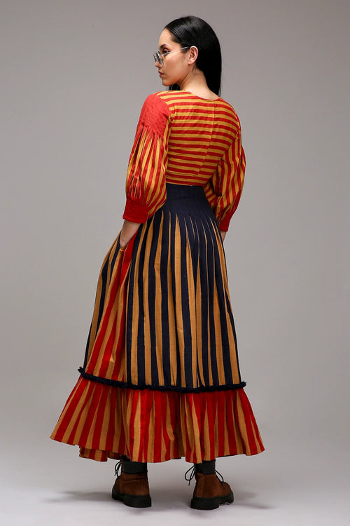 Tan-Brown Crop Top Dual Striped Stole Skirt Set (3 PCS)