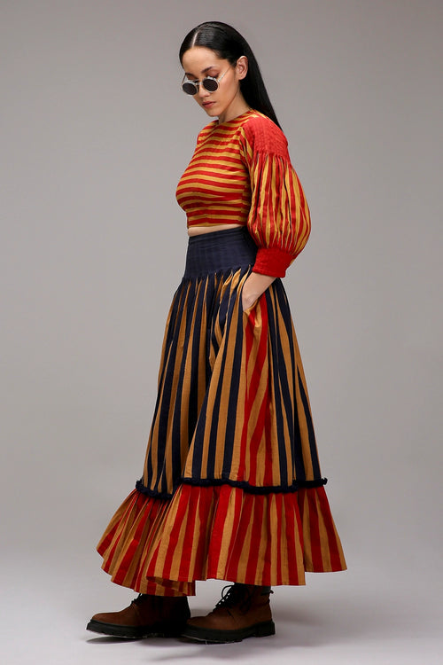 Tan-Brown Crop Top Dual Striped Stole Skirt Set (3 PCS)