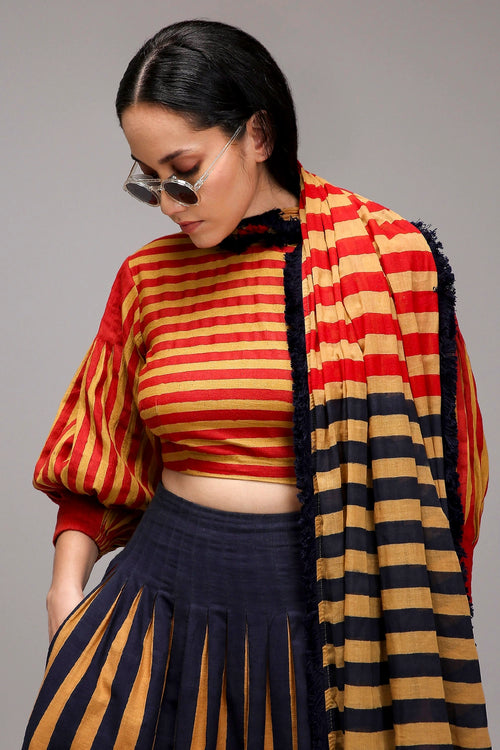 Tan-Brown Crop Top Dual Striped Stole Skirt Set (3 PCS)