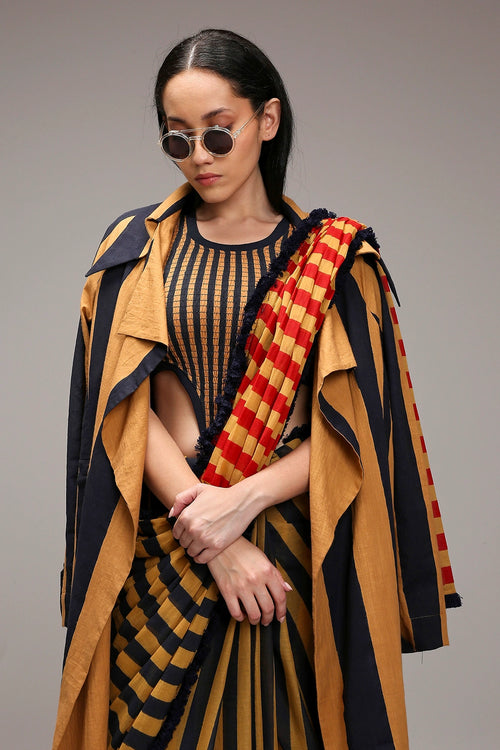 Tan-Brown Bodysuit with Trench & Dual Striped Saree Set (3 PCS)