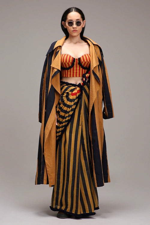 Tan-Brown Corset with Trench Jacket & Dual Striped Saree Set (3 PCS)