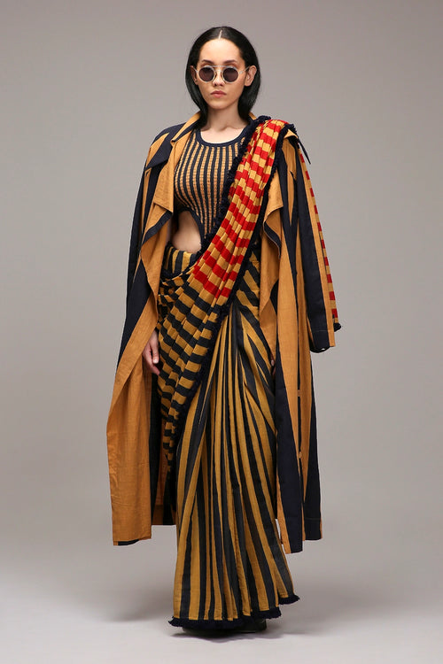 Tan-Brown Bodysuit with Trench & Dual Striped Saree Set (3 PCS)