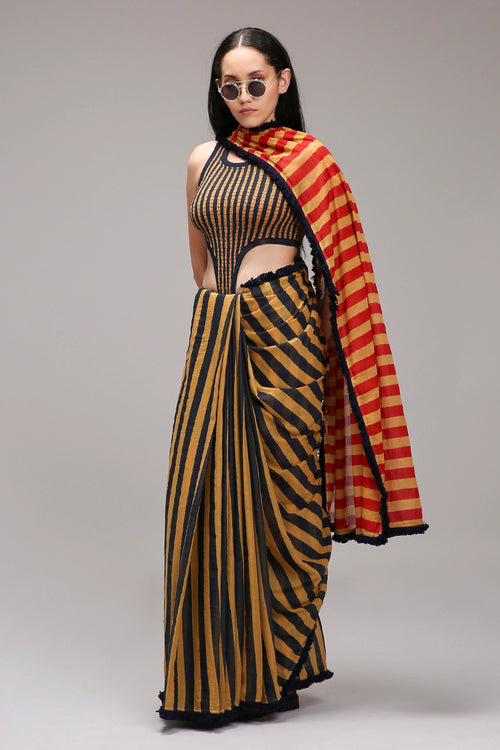 Tan-Brown Blue Red Dual Striped Saree