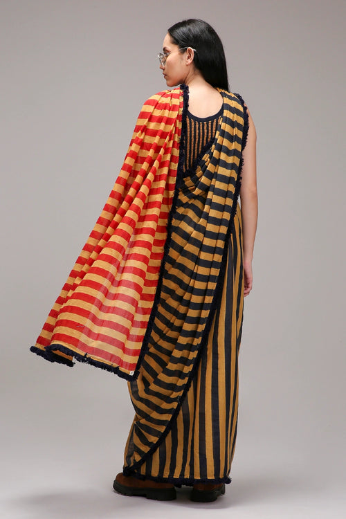 Tan-Brown Bodysuit with Trench & Dual Striped Saree Set (3 PCS)