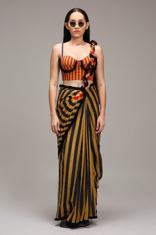 Tan-Brown Corset & Dual Striped Saree Set (2 PCS)