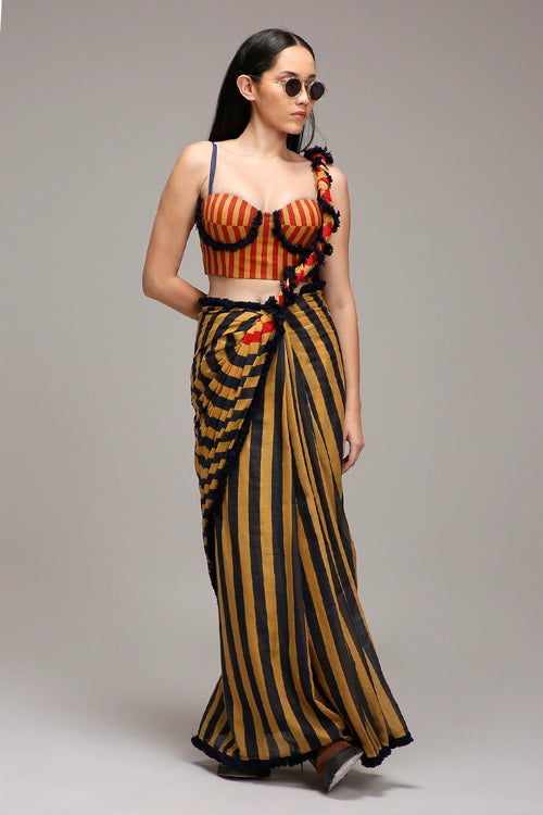 Tan-Brown Corset with Trench Jacket & Dual Striped Saree Set (3 PCS)