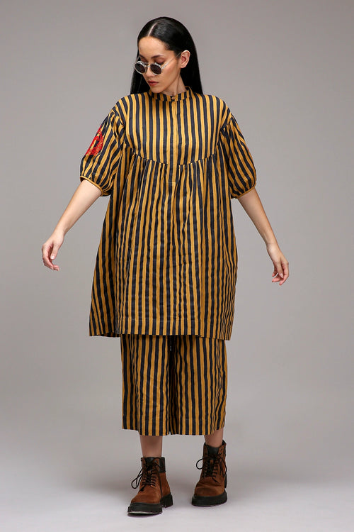 Tan-Brown Blue Striped Short Acra Tunic Set