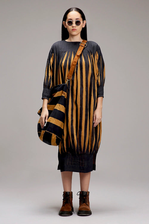 Tan-Brown Blue Striped Balloon Dress