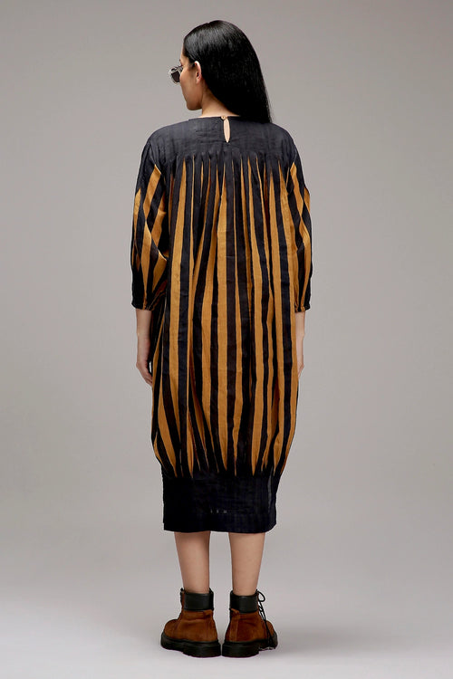 Tan-Brown Blue Striped Balloon Dress