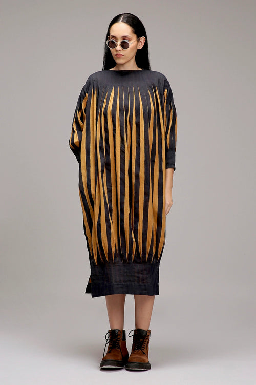 Tan-Brown Blue Striped Balloon Dress