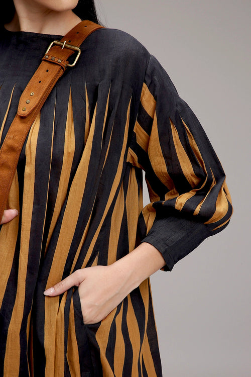 Tan-Brown Blue Striped Balloon Dress