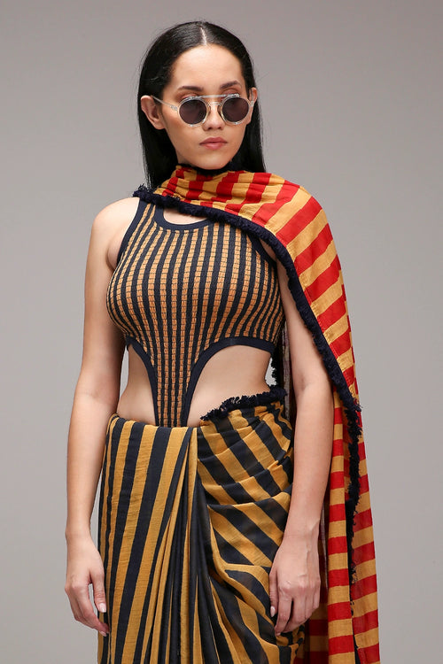 Tan-Brown Bodysuit & Dual Striped Saree Set (2 PCS)