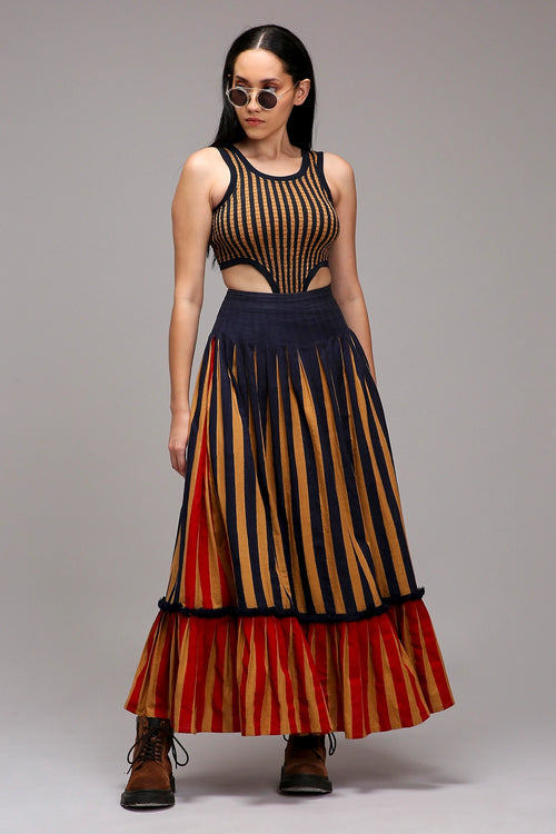 Tan-Brown Bodysuit Dual Striped Skirt Set (2 PCS)