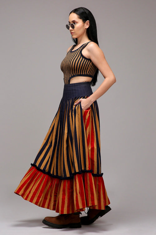 Tan-Brown Bodysuit Dual Striped Skirt Set (2 PCS)