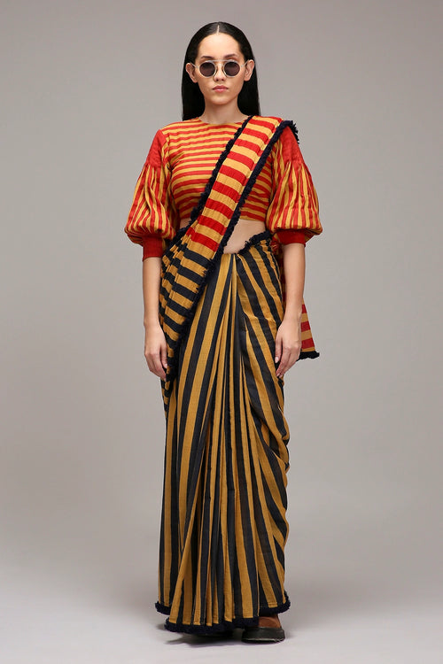 Tan-Brown Crop Top & Dual Striped Saree Set (2 PCS)