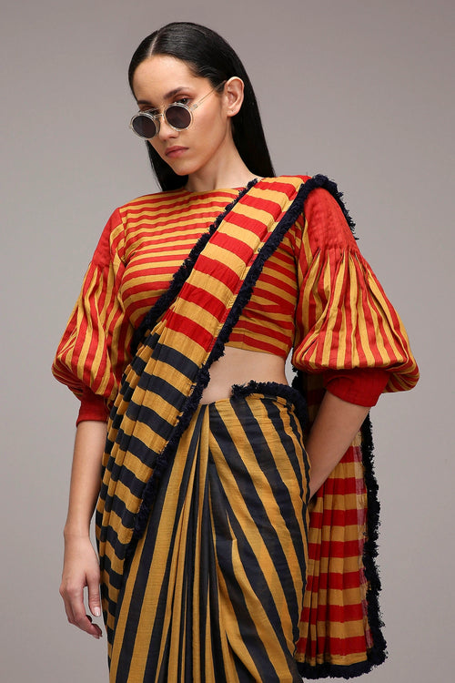 Tan-Brown Crop Top & Dual Striped Saree Set (2 PCS)