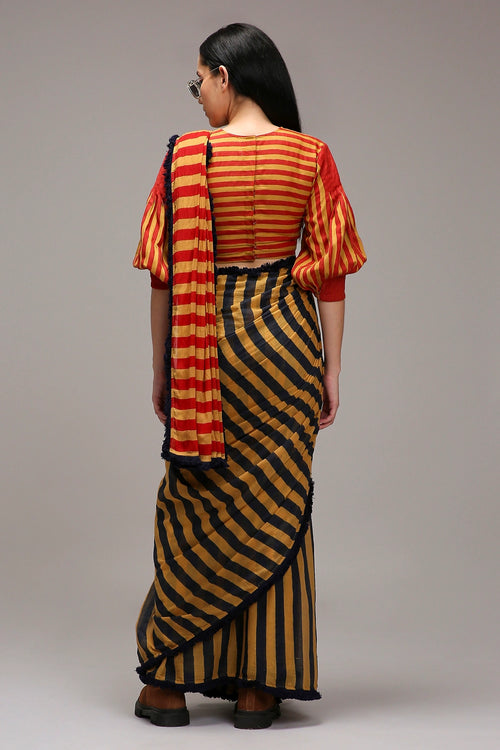 Tan-Brown Crop Top & Dual Striped Saree Set (2 PCS)