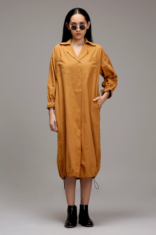 Tan-Brown Elasticated Shirt Dress
