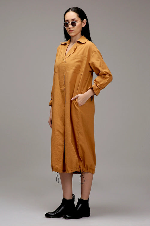 Tan-Brown Elasticated Shirt Dress